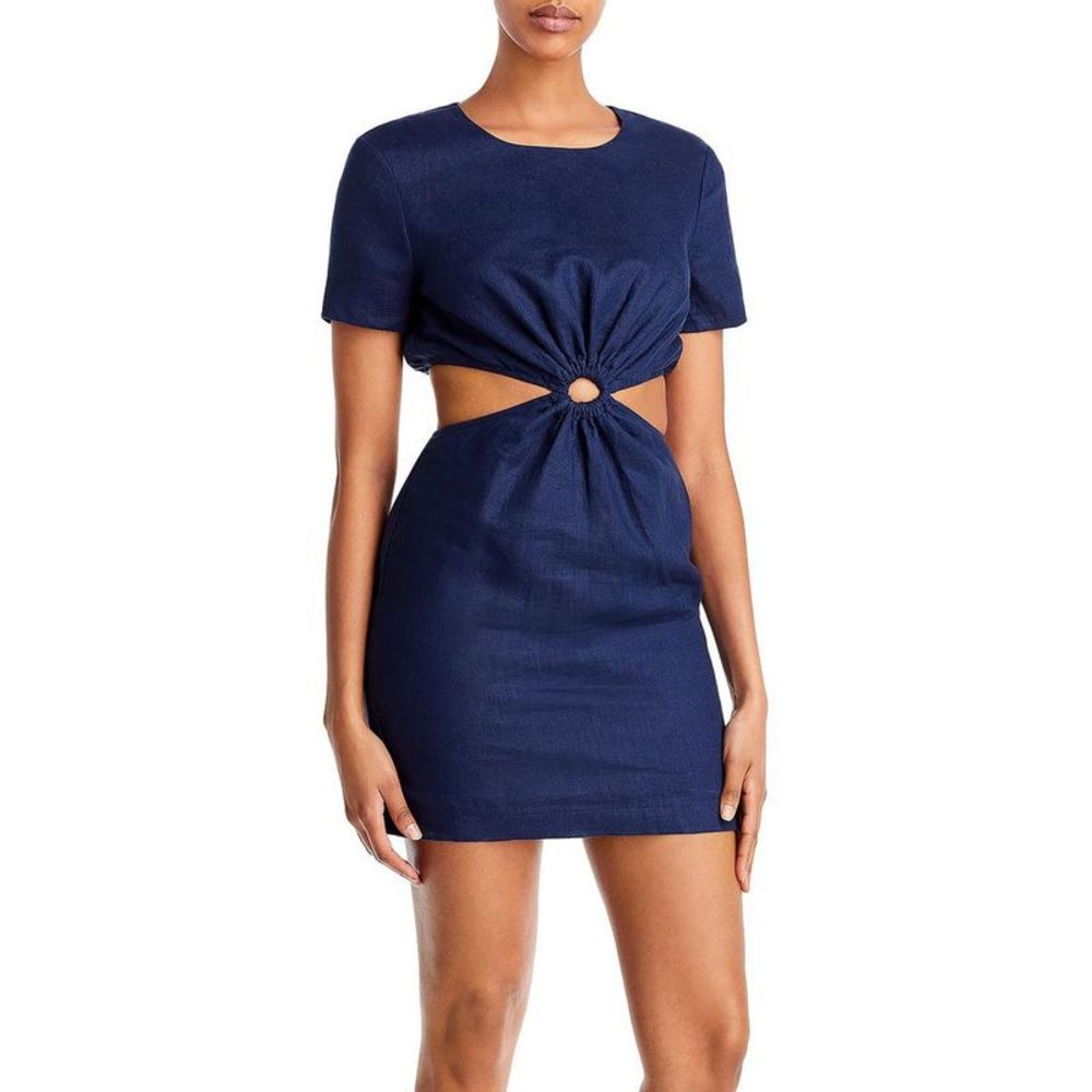 STAUD Epona Navy Linen Cut Out Mini Dress